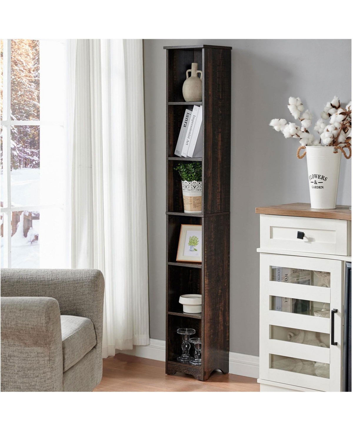 Kings Brand Furniture - Mora 6 -Tier Tall Narrow Storage Shelves Media Bookcase, Slim Freestanding Bookshelf, White