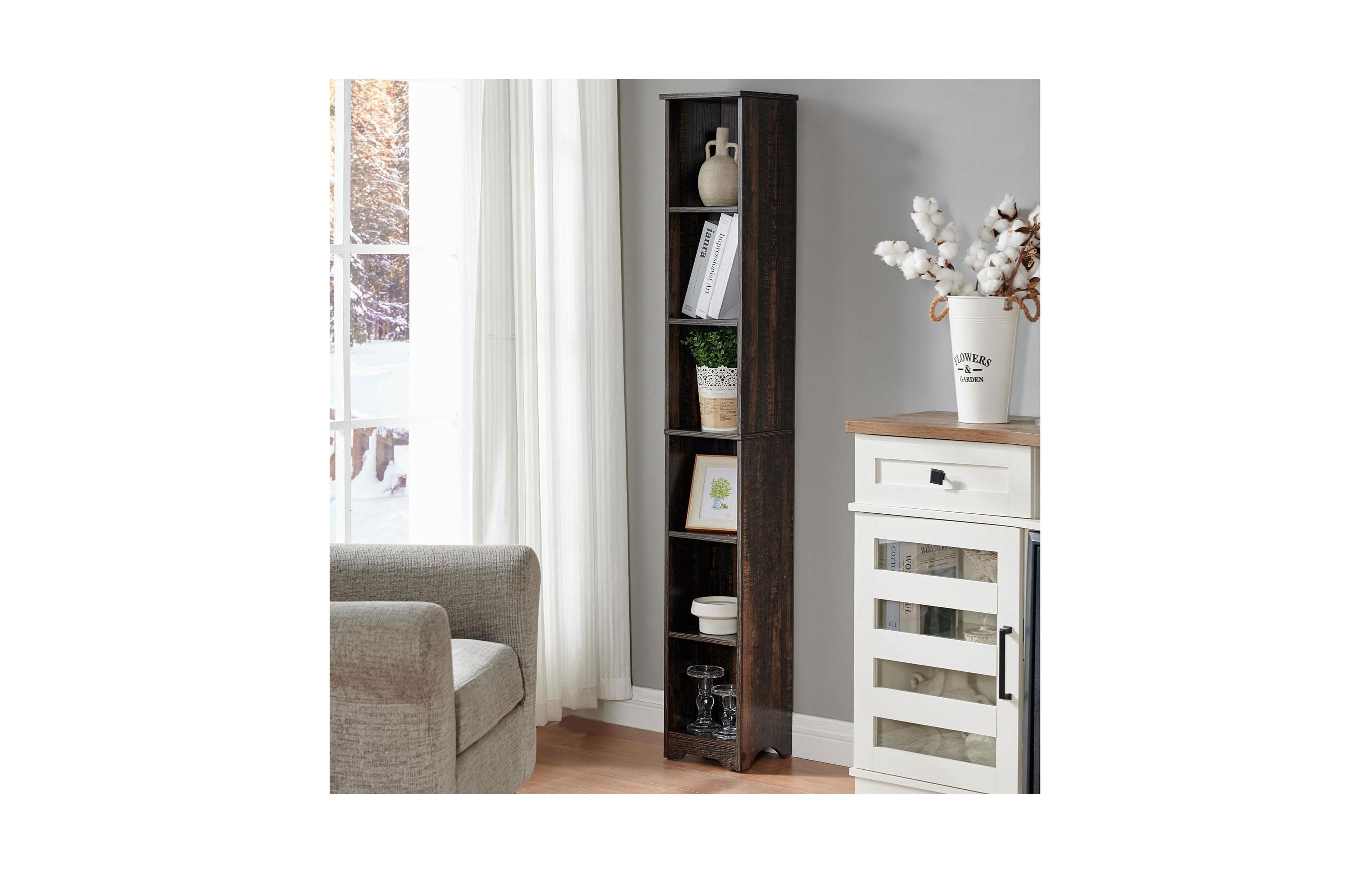 Kings Brand Furniture - Mora 6 -Tier Tall Narrow Storage Shelves Media Bookcase, Slim Freestanding Bookshelf, White