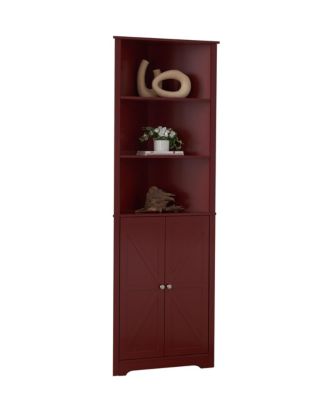 Tall Wooden Corner Cabinet with 2 Doors and 5 Shelves Storage Shelf Organizer (Red)