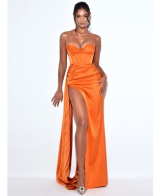 Women's Elayna Orange Strappy Satin Corset High Slit Gown