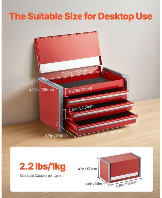 Metal Tool Box, 8.6", Portable 3-Drawer Tool Chest, EVA Liners, PP Feet, Ball-Bearing Slides, Powder-Coat, Red