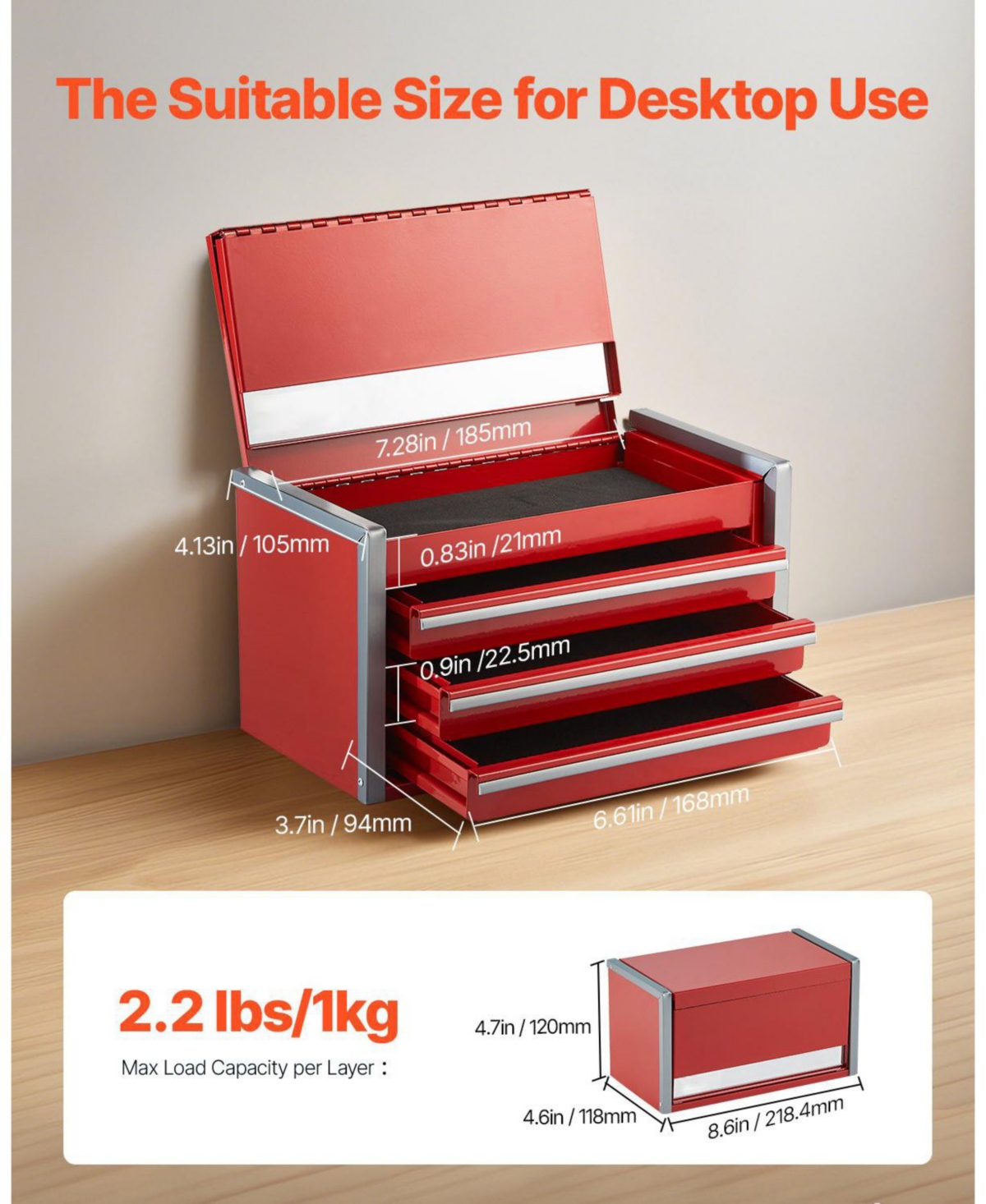 Mecale Metal Tool Box, 8.6", Portable 3-Drawer Tool Chest, Eva Liners, Pp Feet, Ball-Bearing Slides, Powder-Coat, Red
