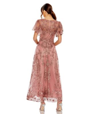 Women's Embroidered Flutter Sleeve A Line V Neck Dress