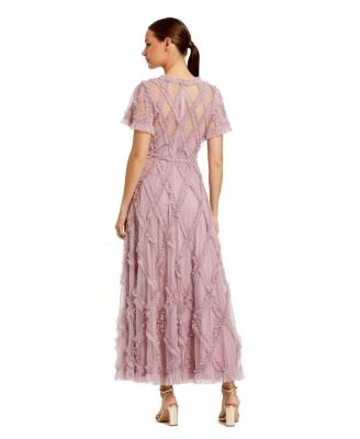 Women's Mesh High Neck Short Sleeve Ruffle Maxi Dress