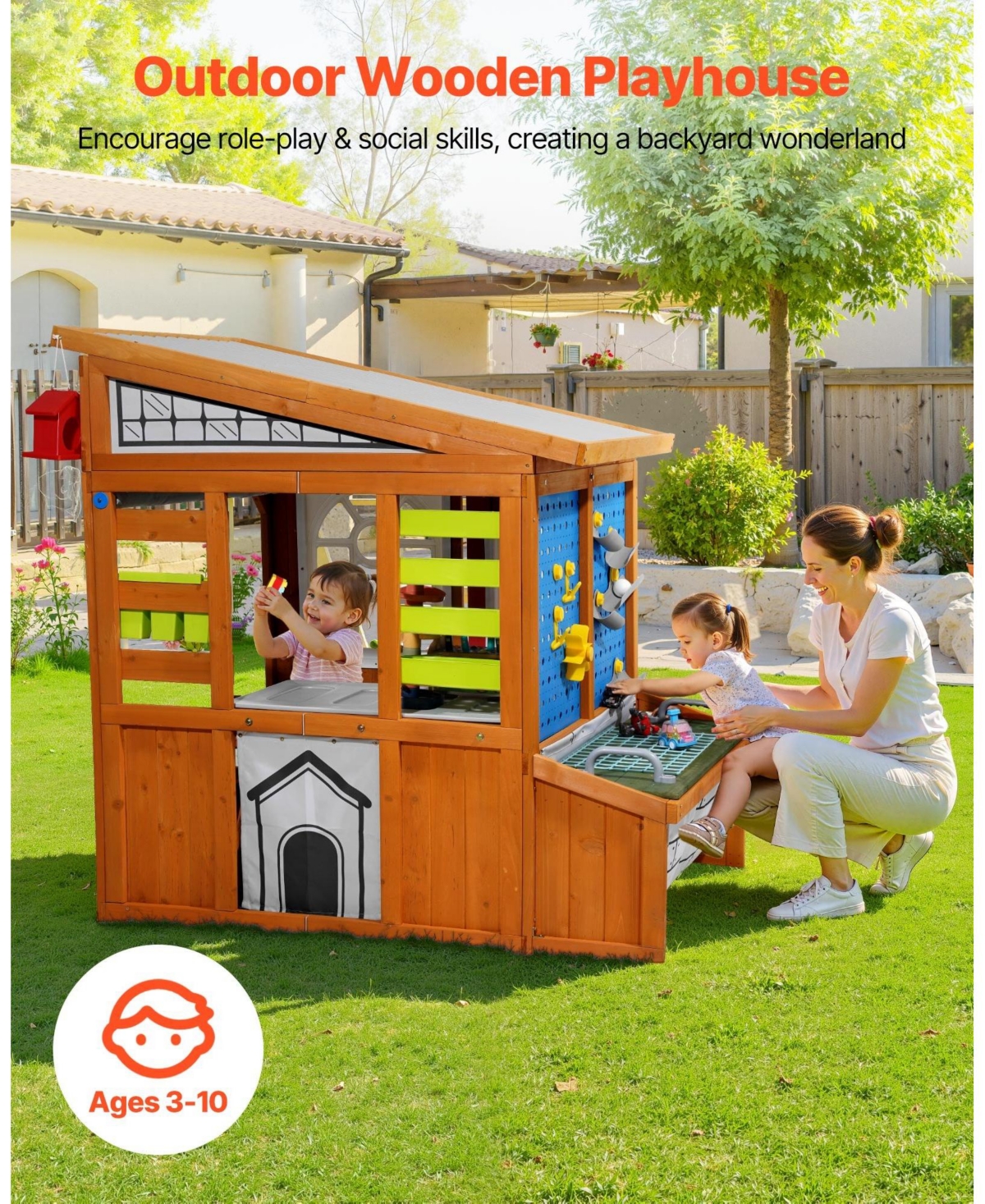 Mecale Cedar Wooden Kids Playhouse, Bird Nest, Doorbell, Storage Pocket, Windowsill, Gravity Wall Set, Ages 3-10