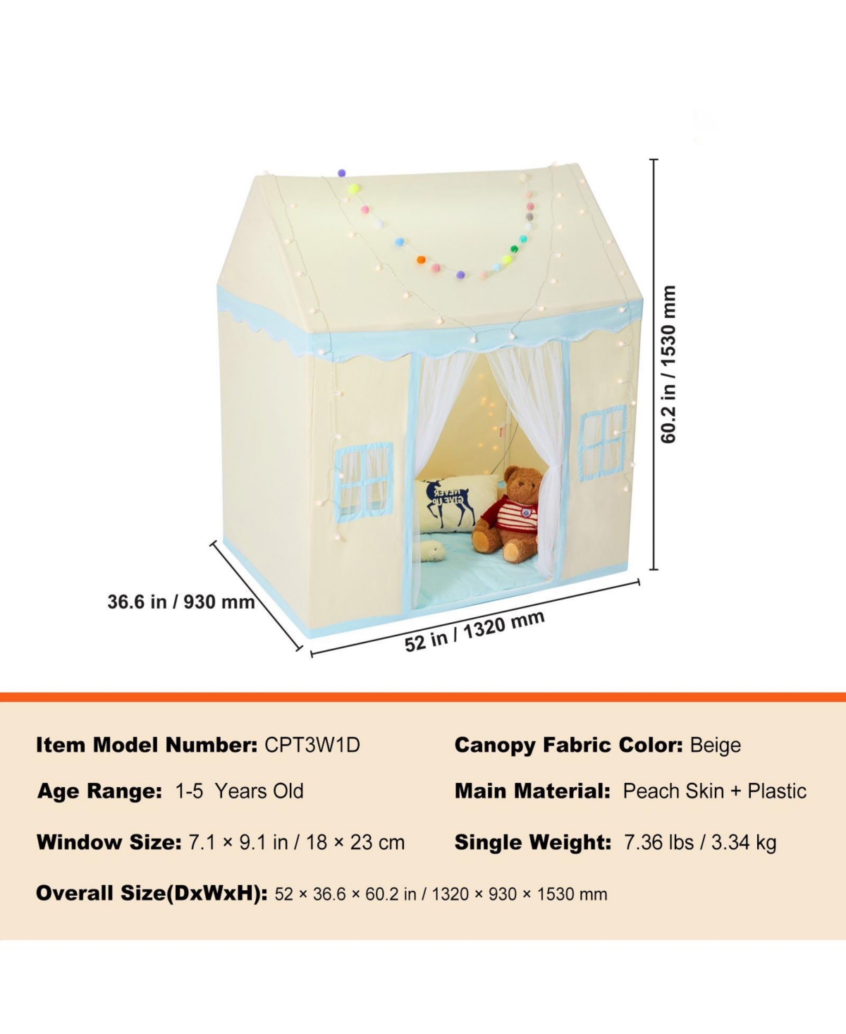 Mecale Kids Play Tent, Ages 1-5, Includes Mat & Tent Light, Windowed Indoor/Outdoor Playhouse Tent, Beige
