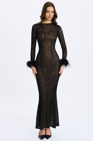 navy blue dress for baby girl Miss Circle Women's Patricia Black Leopard Burnout Velvet Mesh Backless Maxi Dress - Black