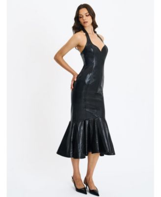 Women's Gardenia Black Leather Midi Sweetheart Halter Flared Dress