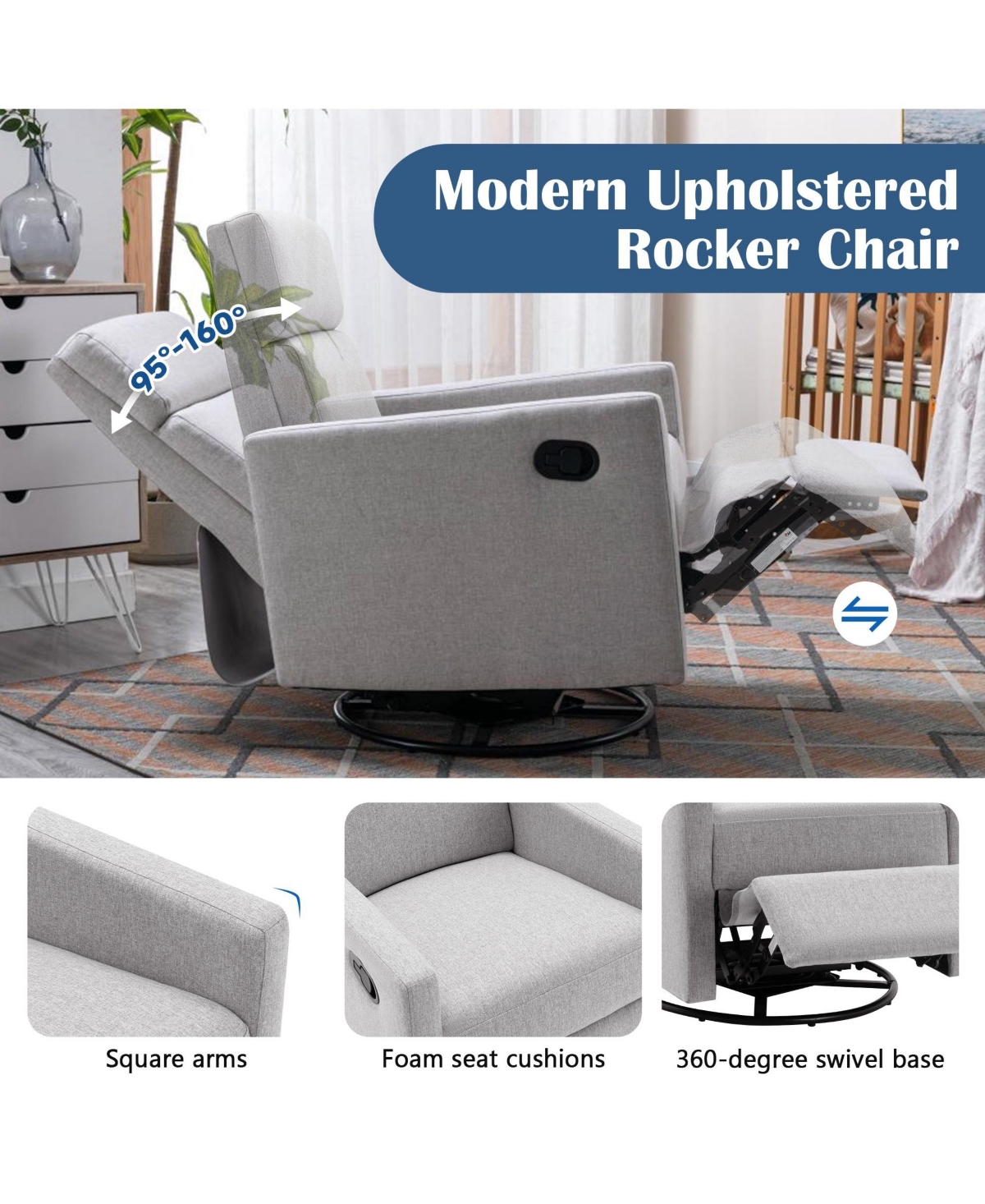 Boyel Living Modern Upholstered Nursery Chair Rocker Plush Seating Glider Swivel Recliner Chair