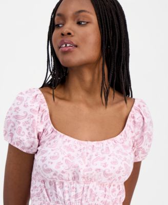 Juniors' Printed Puff-Sleeve Peplum Peasant Top