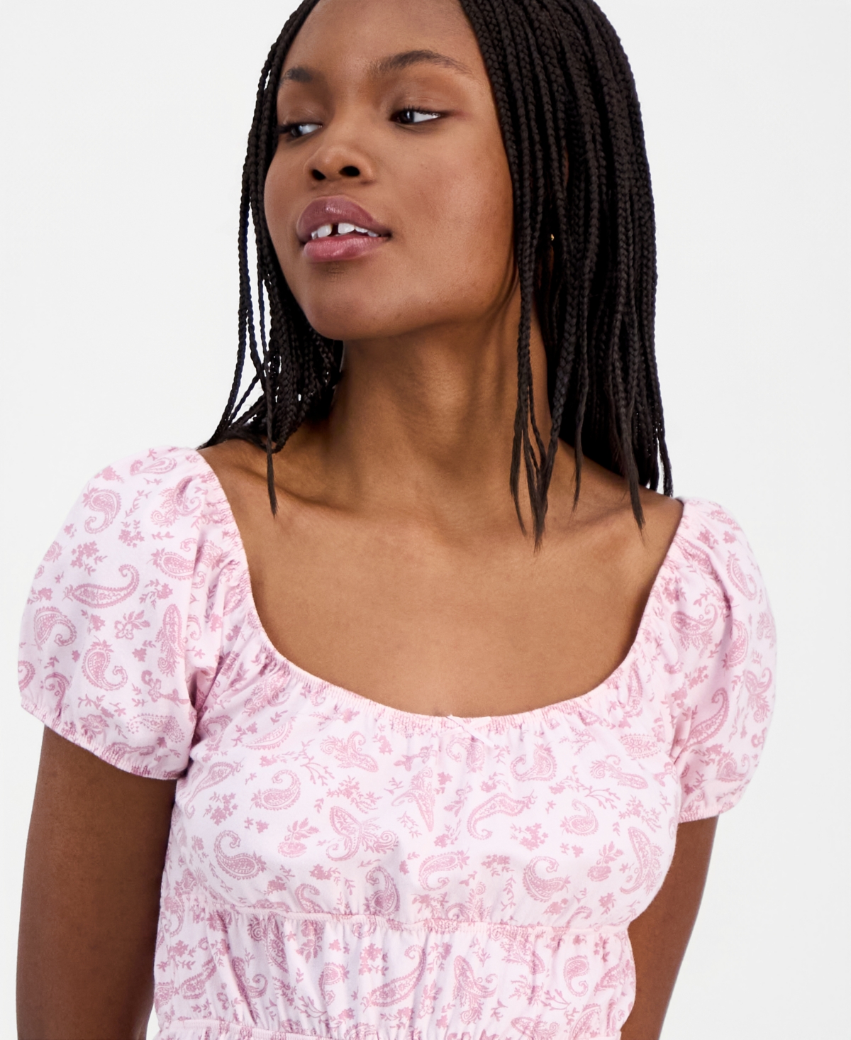 Hippie Rose Juniors' Printed Puff-Sleeve Peplum Peasant Top