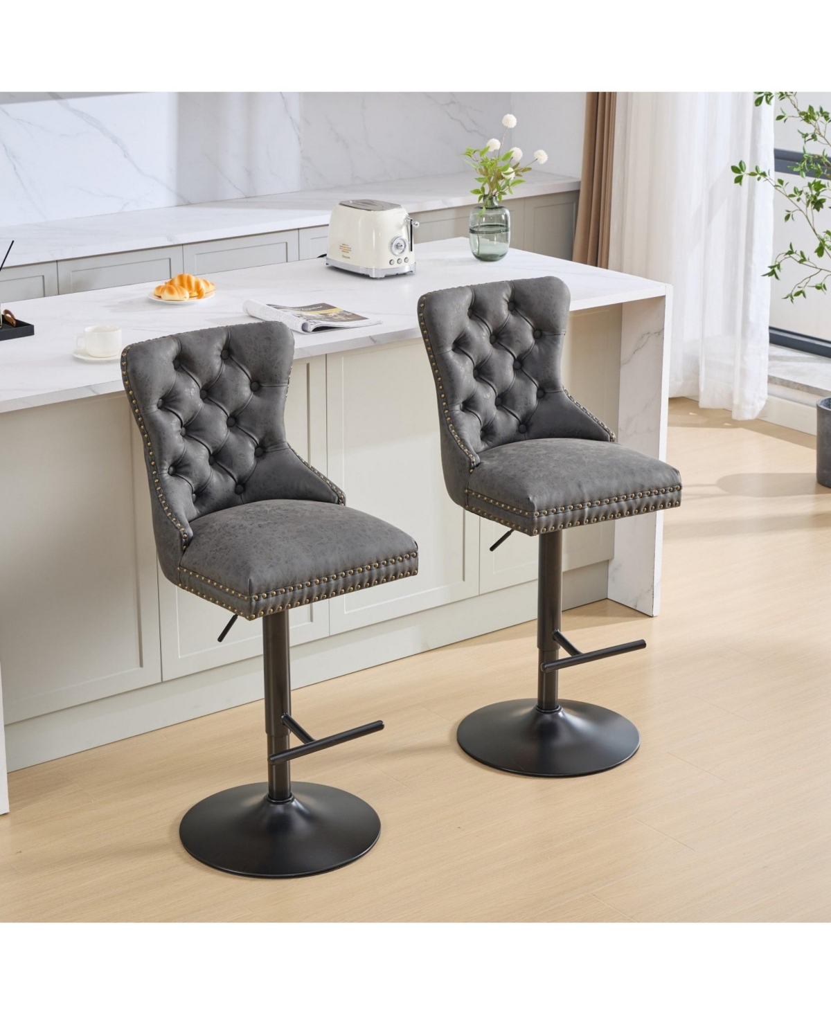 Boyel Living Set of 2 Pu Swivel Bar Stools Adjustable Seat Height for Dining Pub
