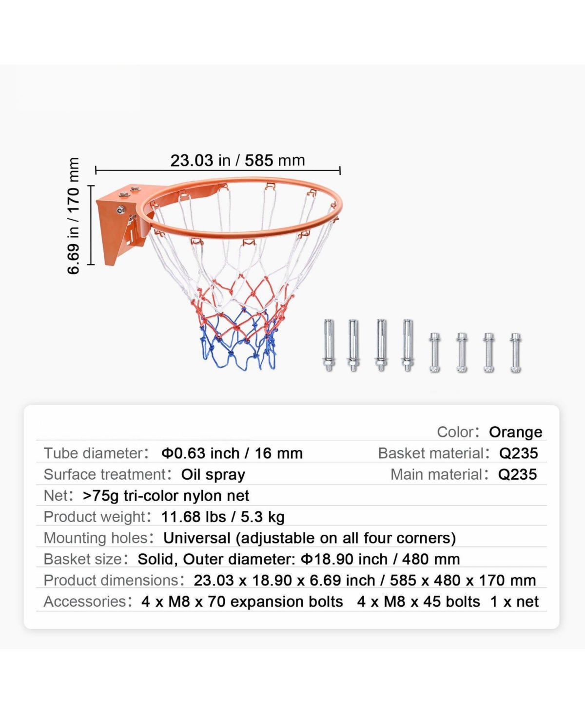Mecale Basketball Rim Replacement, 18", Wall/Door Mount, Heavy-Duty Flex Rim w/ Net, Indoor/Outdoor