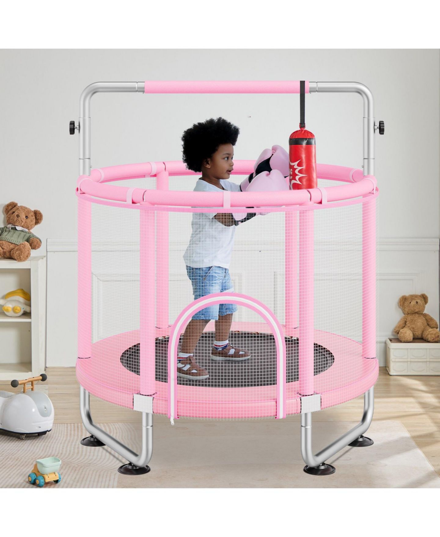 Детская игрушка Mecale Kids Trampoline, 55", Indoor/Outdoor with Enclosure Net & Basketball Hoop, Ages 3+, цвет: Розовый — фото 2