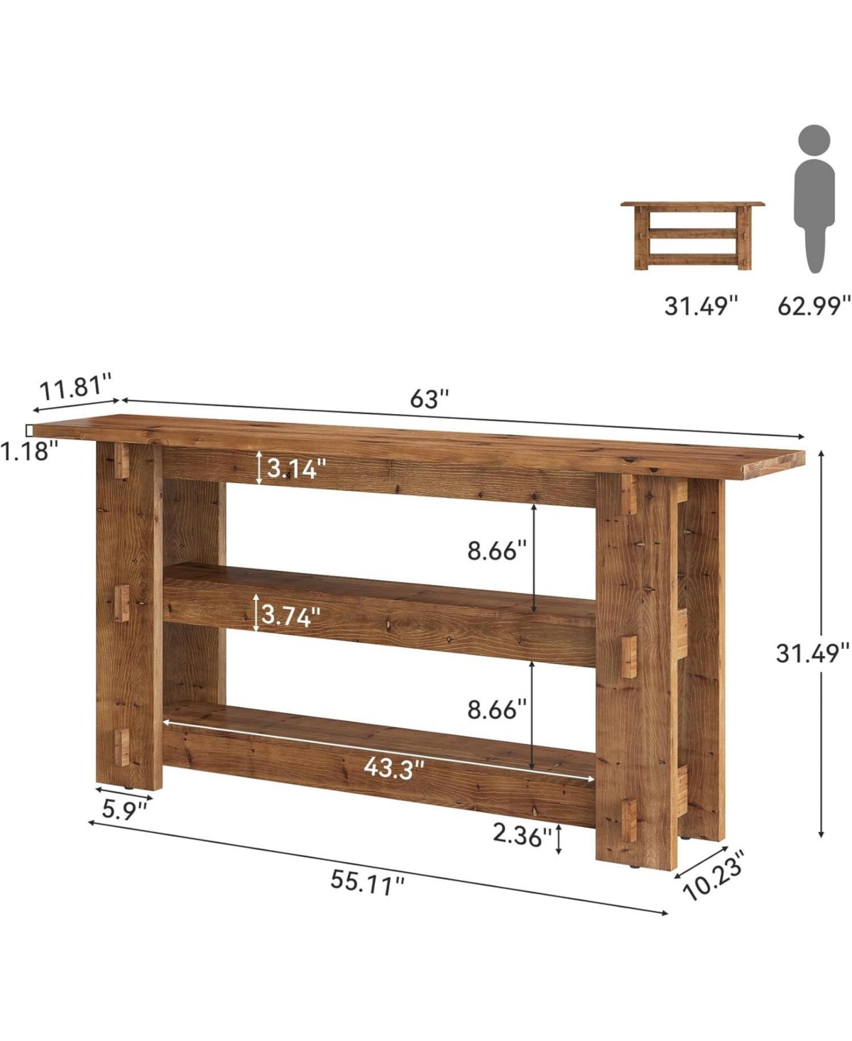 Tribesigns 63-Inch Solid Wood Console Table, Farmhouse Sofa Table Behind Couch with Storage Shelves, Entryway Furniture