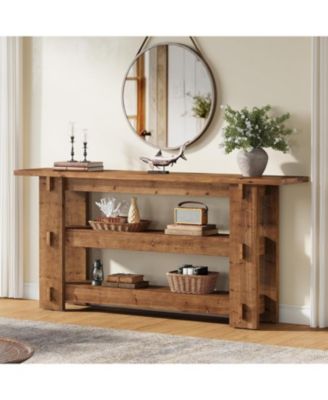 63-Inch Solid Wood Console Table, Farmhouse Sofa Table Behind Couch with Storage Shelves, Entryway Furniture