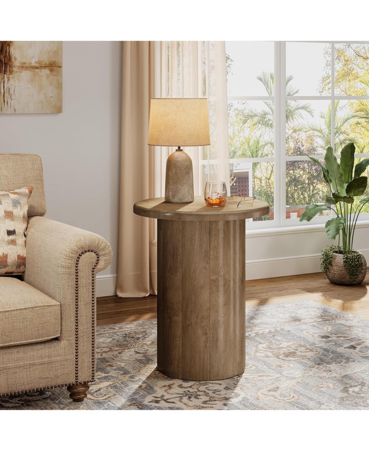 Tribesigns Round Side Table for Living Room, Farmhouse Small End Table with Fluted Base, 20-Inch Rustic Brown Nightstand, Accent Furniture