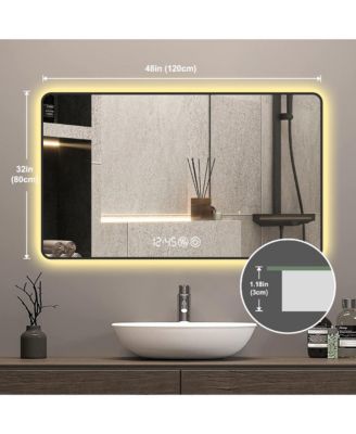 48x32 LED Bathroom Mirror, Wall Mount Anti-Fog Vanity Mirror with High-Definition Tempered Glass and Tri-Color Lighting for Wall Decor