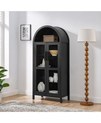 High Arched Storage Cabinet with Adjustable Glass Partitions and LED Lamp for Multi-Functional Use in Kitchens, Living rooms