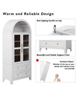 71" Tall Arched Kitchen Pantry Cabinet with 2 Large Drawers, Adjustable Shelves, Glass Door, Wood Versatile Cupboard