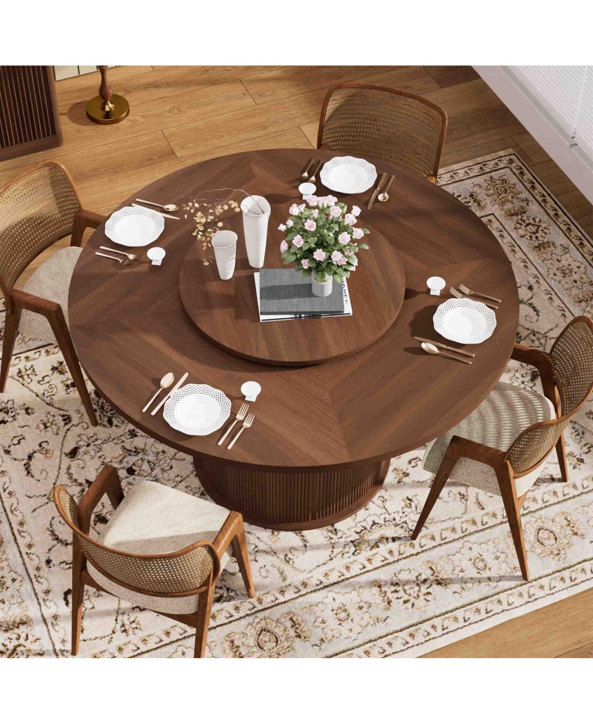 55-Inch Round Dining Table for Six with Double-Tiered Storage Rack and Rotating Top