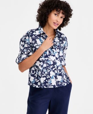 Women's 100% Linen Roll-Tab Camp Shirt