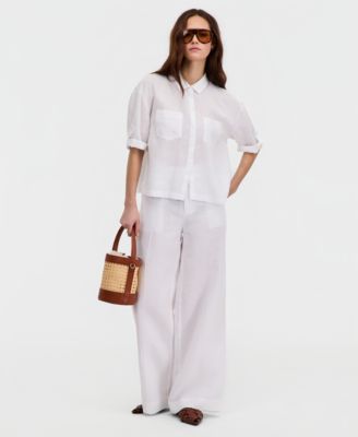 Women's 100% Linen Solid Roll-Tab Camp Shirt
