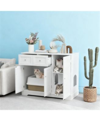 Cat Litter Box Enclosure with Drawers in White