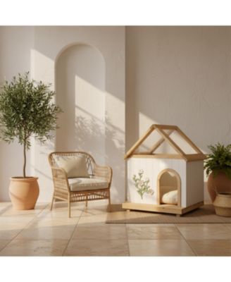 Cat House with Floral Carving for Cats & Small Dogs in Natural