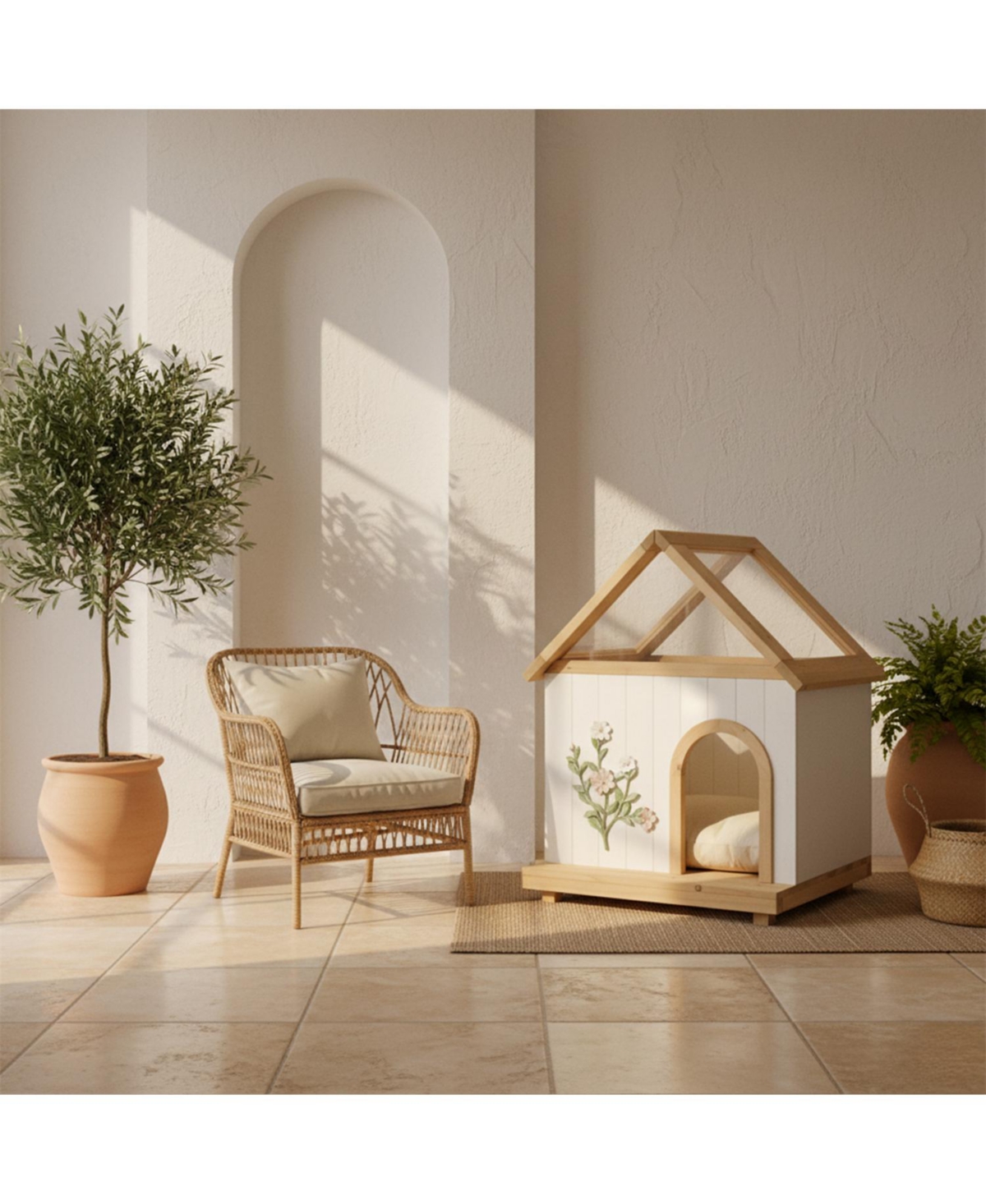 Aostirmotor Cat House with Floral Carving for Cats & Small Dogs in Natural