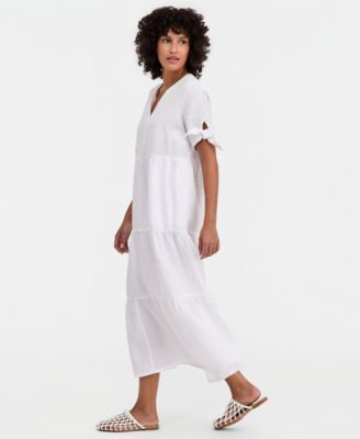 Women's 100% Linen Tie-Sleeve Tiered Midi Dress