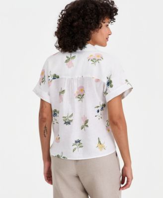 Women's 100% Linen Tie-Front Short-Sleeve Camp Shirt