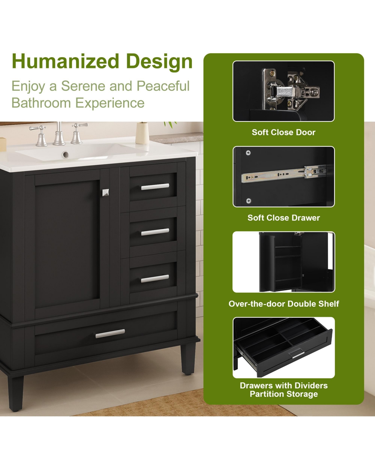 Cesicia 30 in. Wood Bathroom Vanity, Modern Cabinet with Sink Combo Set, Soft-Closing Door and 3 Drawers