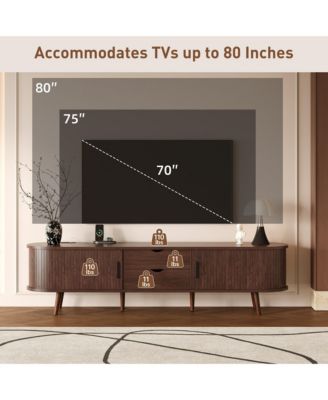 70 Inch Mid Century Modern TV Stand with Tambour Doors and Power Outlet for TVs Up to 80 Inches