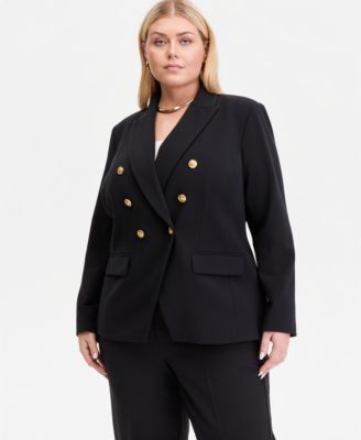 Plus Size Faux Double-Breasted Blazer & High Rise Pull-On Ponte Pants