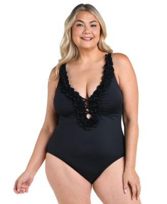 Plus Size Island Goddess Ruffle V-Neck One-Piece Swimsuit