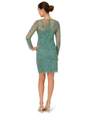 Women's Crew Neck Beaded Mesh Sheath Dress