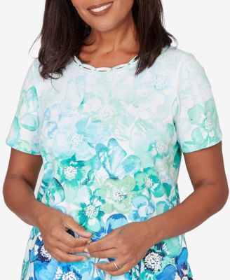 Petite  Floral Ombre Embellished Neck Top