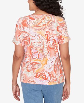 Petite  Paisley Beaded Neck Pleated Top