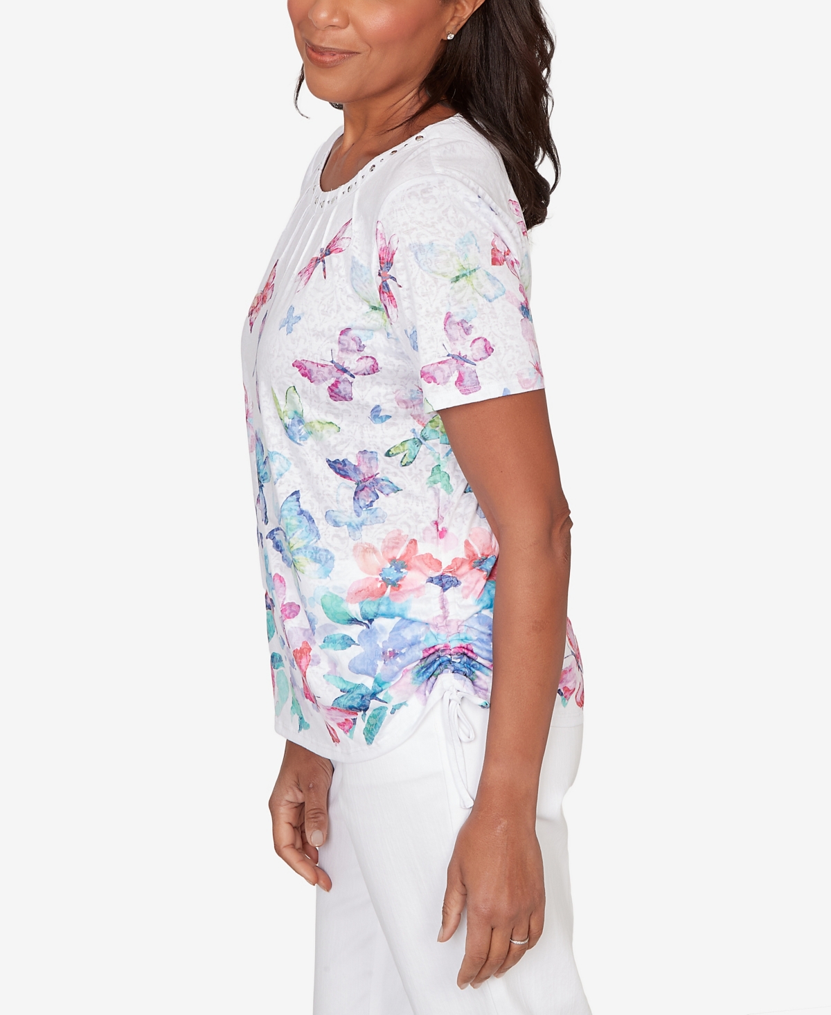 Alfred Dunner Petite Butterfly Beaded Side Tie Ruched Top