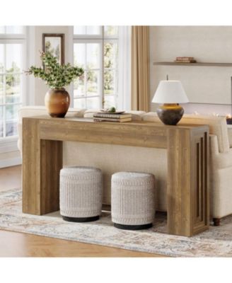 63-Inch Long Console Table, Farmhouse Narrow Sofa Table Behind The Couch, Natural Brown