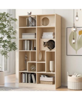 Cat House with Storage, Cat Litter Box Enclosure Climbing Shelf in Natural