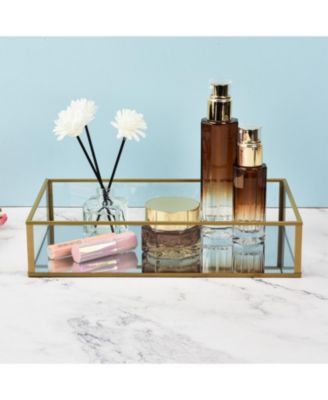 2PC Set, Handcrafted Glass Tray, Decorative Storage Tray for Makeup, Jewelry, Desk, or Bathroom, Clear with Gold
