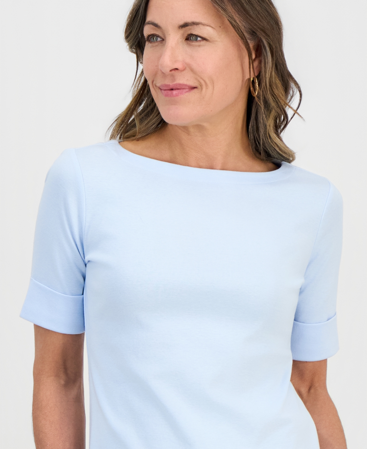 Style & Co Petite Cotton Elbow-Sleeve Boat-Neck Top, Exclusively at Macy's