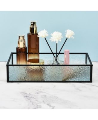 2PC Set, Handcrafted Glass Tray, Decorative Storage Tray for Makeup, Jewelry, Desk, or Bathroom, Clear with Black