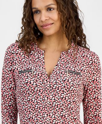 Petite Delicate Paisley Split-Neck Zip-Pocket Top