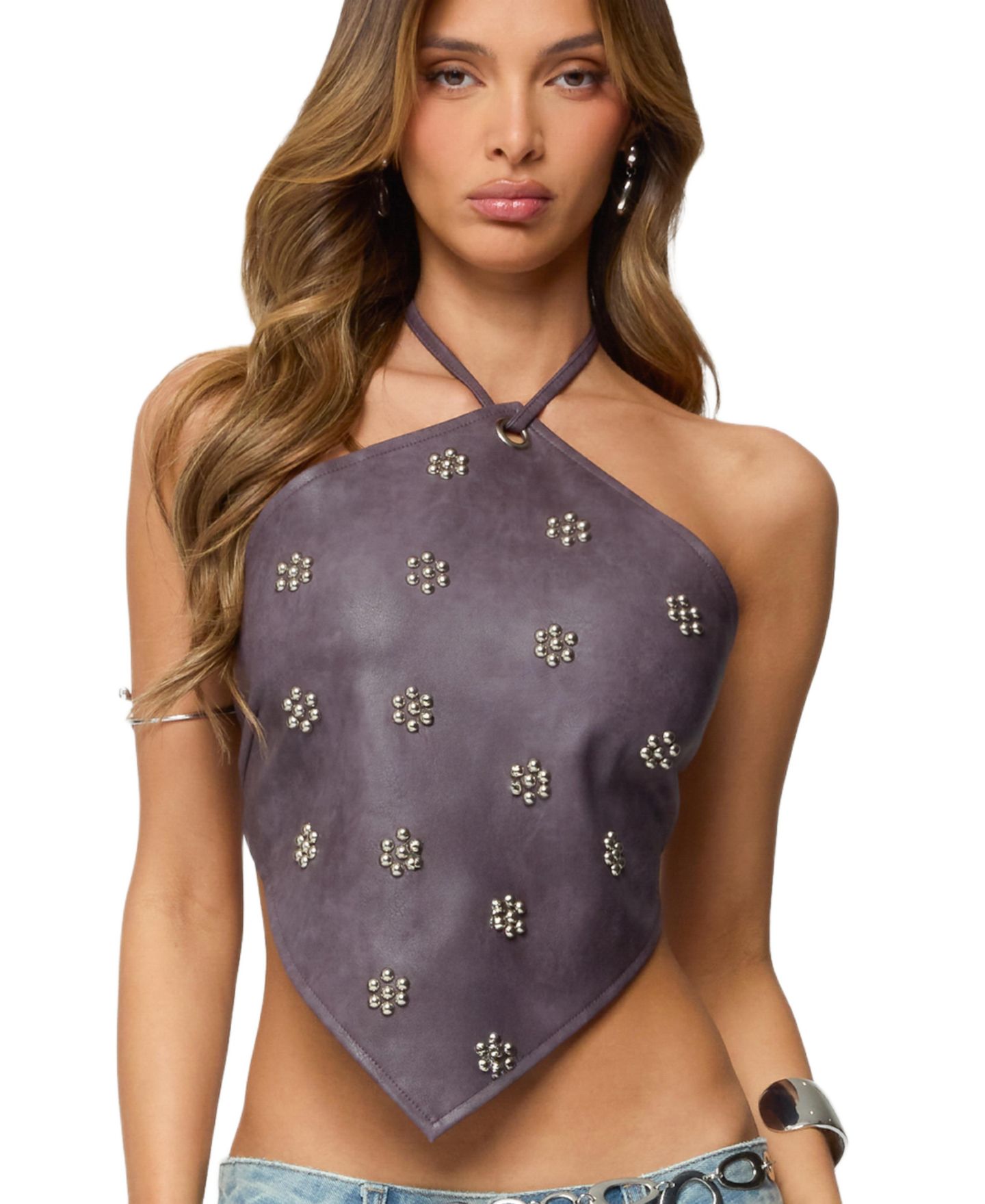 Женский топ Edikted Shila Studded Faux Leather Backless, цвет: Фиолетовый — фото 1