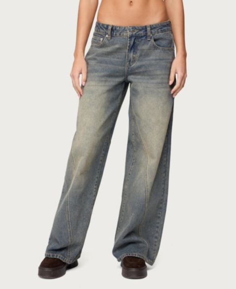 Женские джинсы Edikted Vintage Washed Low Rise Baggy, цвет: Синий винтажный потёртый