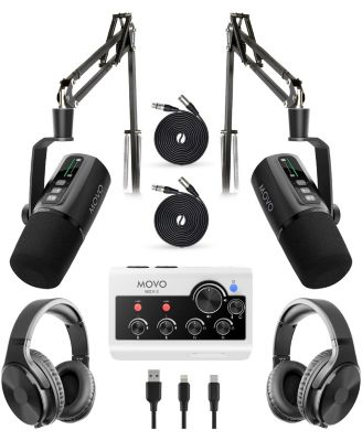 Pro Portable Podcast Equipment Bundle for iPhone/Android Phone  with  Interface, 2 UM6 Dynamic Mics, 2 Headphones, 2 Boom Arms