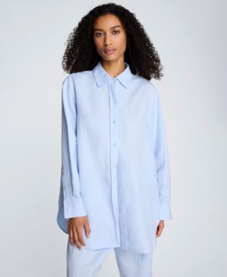 Women's Long-Sleeve Button-Front Linen Blend Top